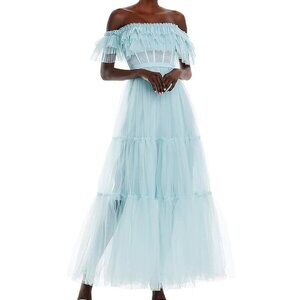 BCBGMaxAzria Light Blue Off-Shoulder Tulle Tiered Backless Gown